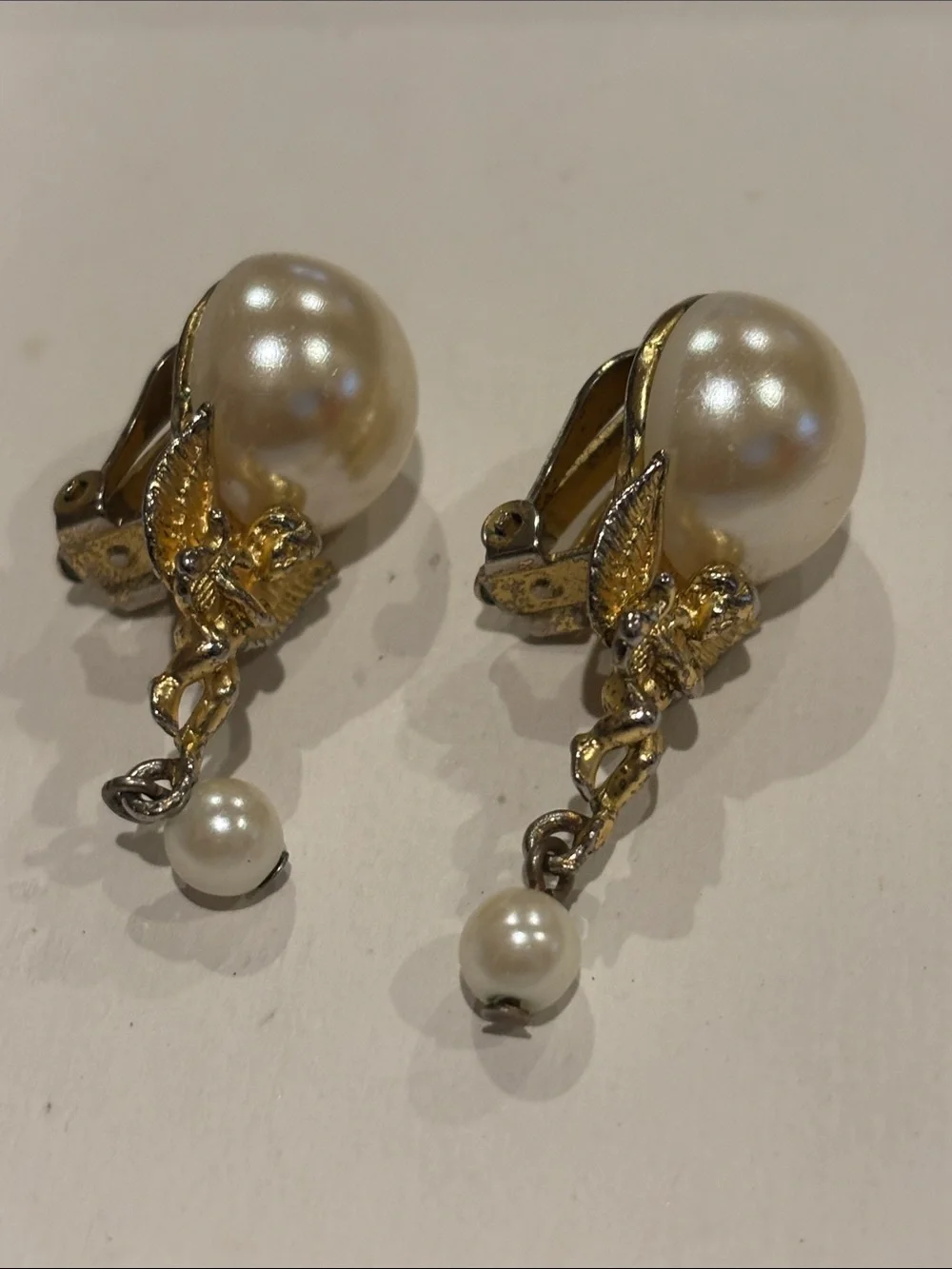 Pearl and Gold Cherub Drop Earrings